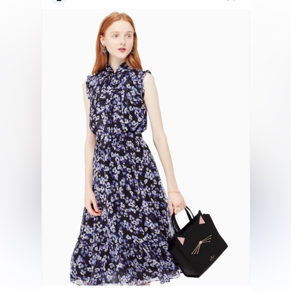 Kate Spade Purple and Black Floral Neck Tie Midi Dress Small - Picture 1 of 11
